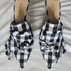 Nine West "Rethink" Gingham Crystal Bow Pointed Toe Mules